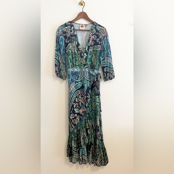 FARM Rio for Anthropologie Amorina Blue Floral Paisley Wrap Dress Small - Picture 2 of 10